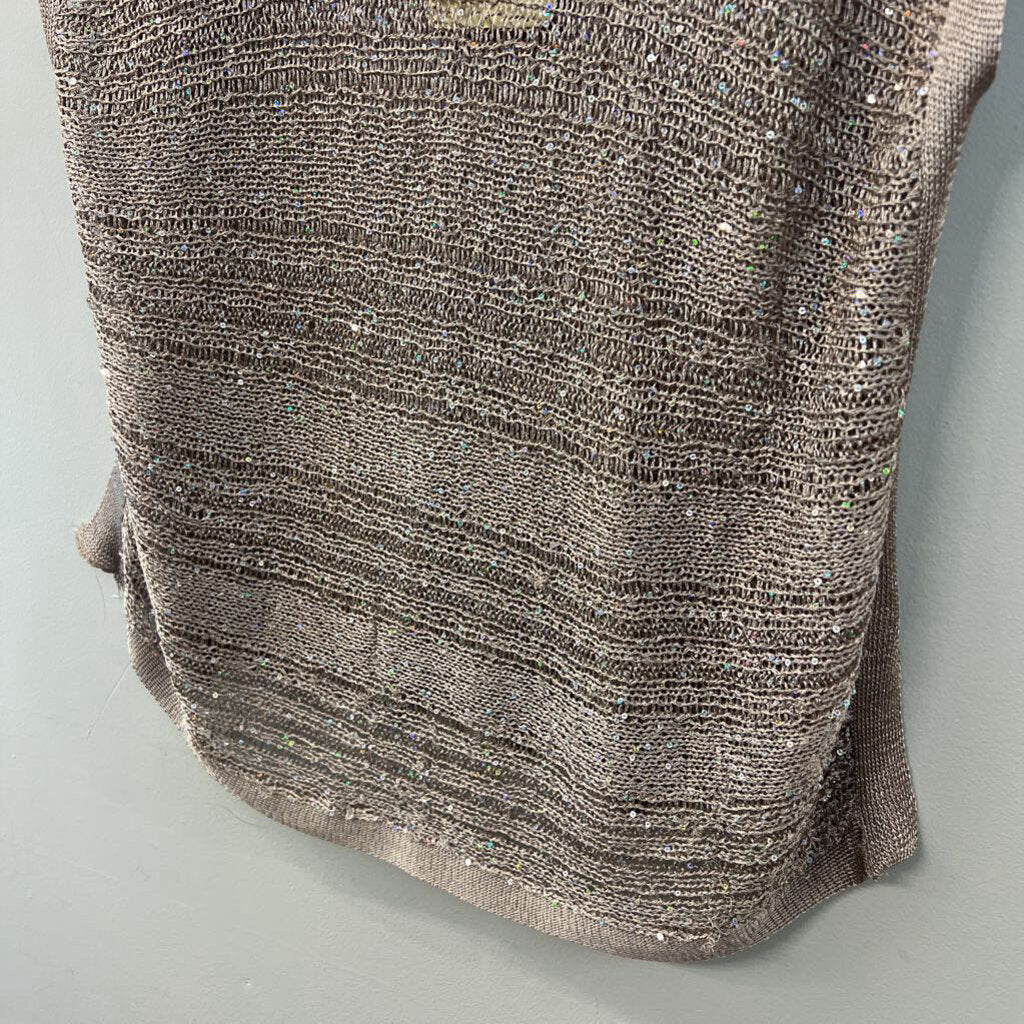 Freeway Beige Open Knit Sequin Short Sleeve Top Medium