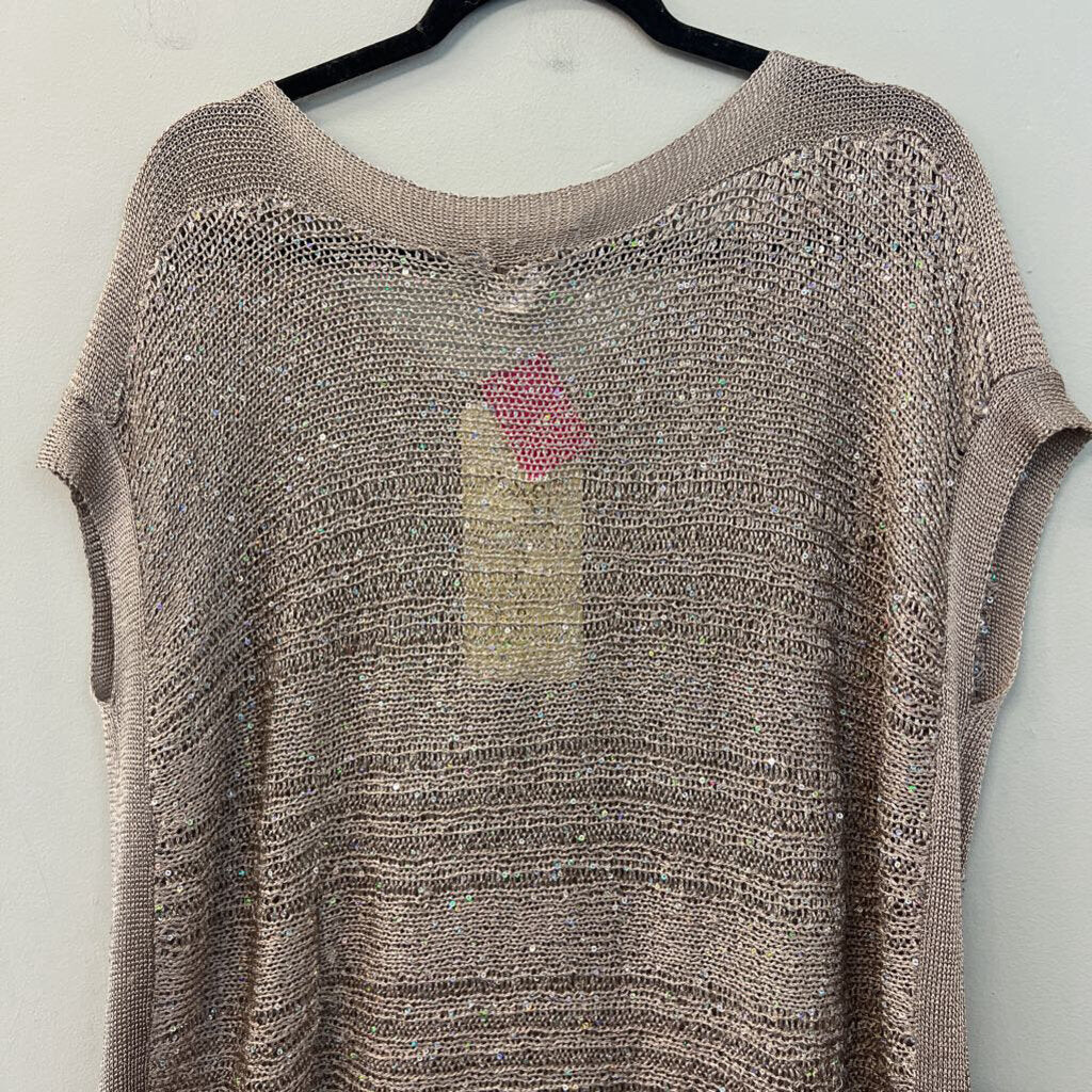 Freeway Beige Open Knit Sequin Short Sleeve Top Medium
