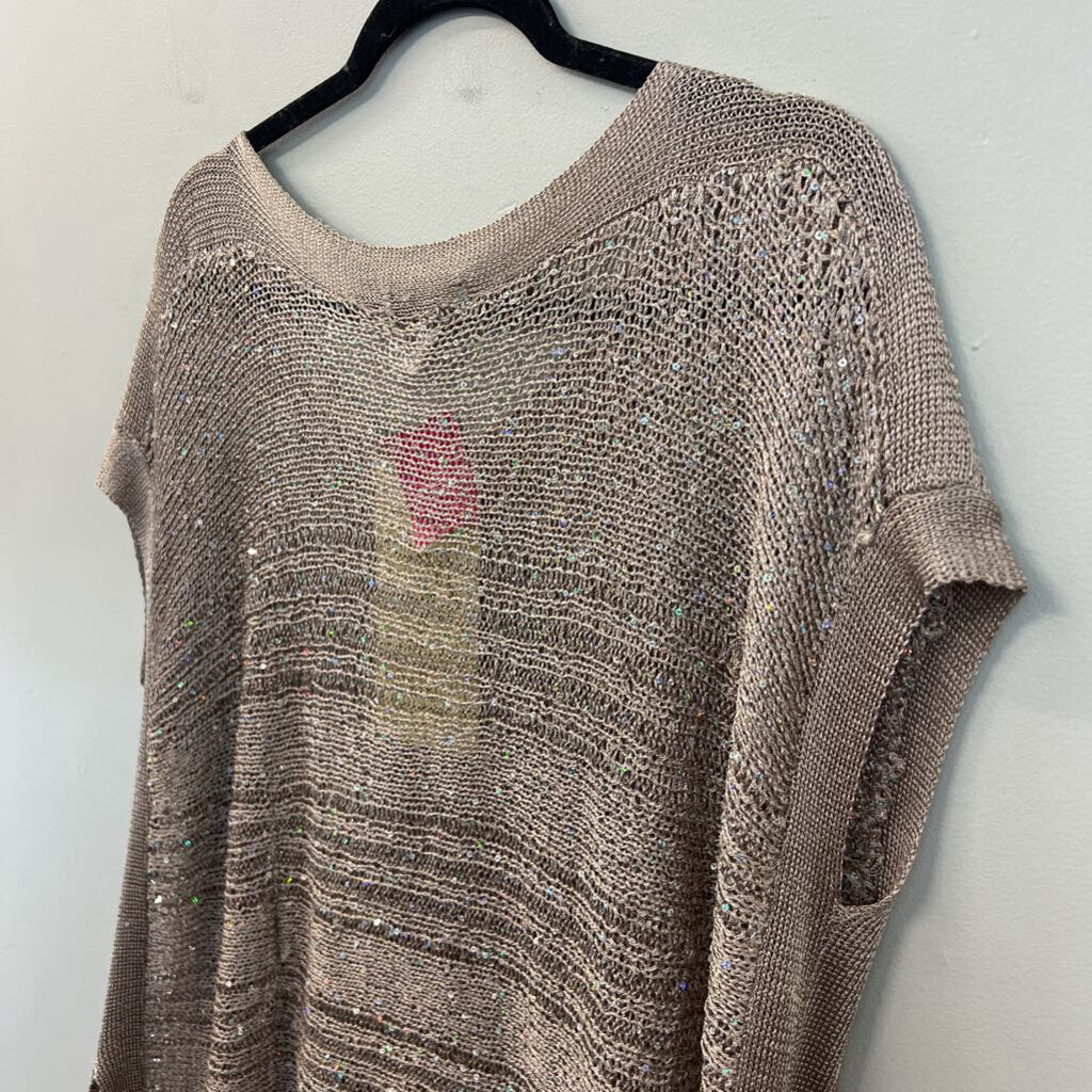 Freeway Beige Open Knit Sequin Short Sleeve Top Medium