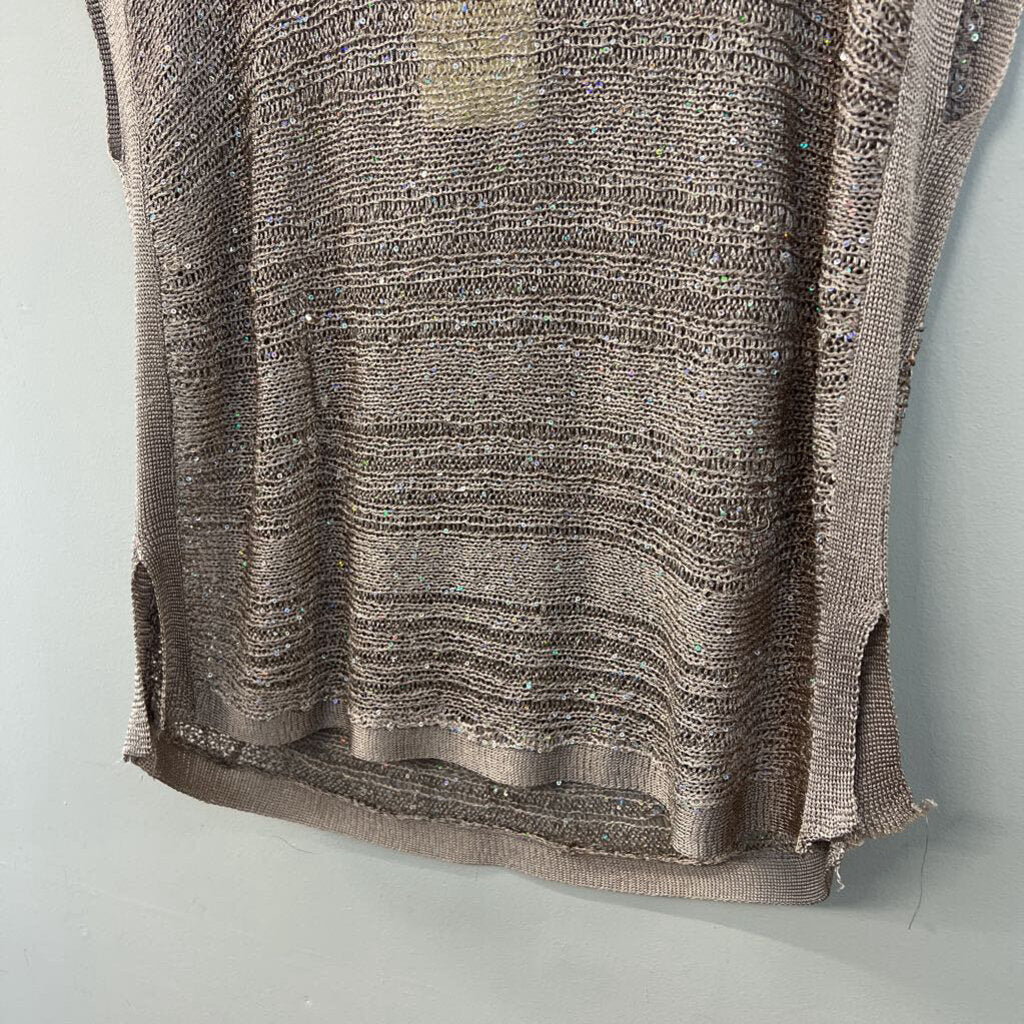 Freeway Beige Open Knit Sequin Short Sleeve Top Medium