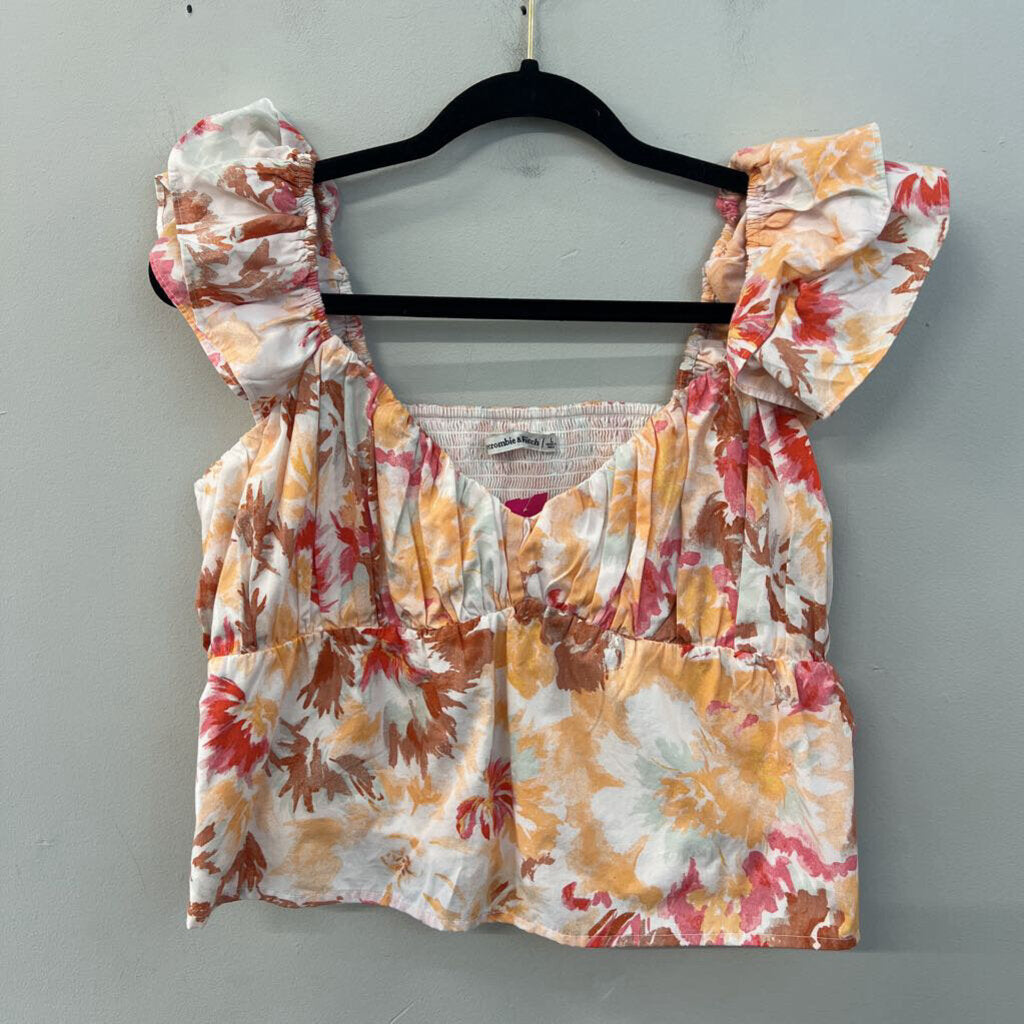 Abercrombie and Fitch White/ Orange Print Cropped Short Ruffle Sleeve Top Large