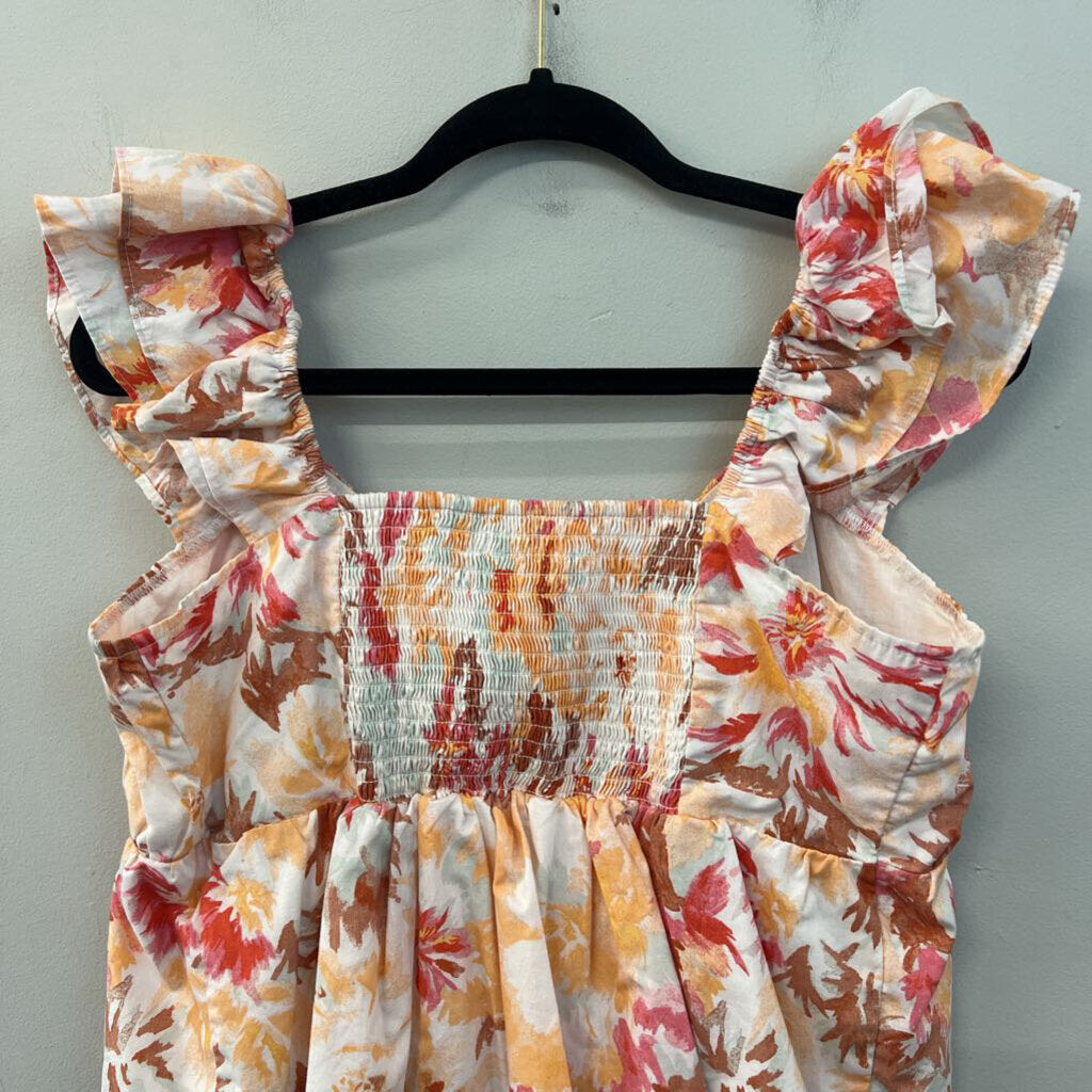 Abercrombie and Fitch White/ Orange Print Cropped Short Ruffle Sleeve Top Large