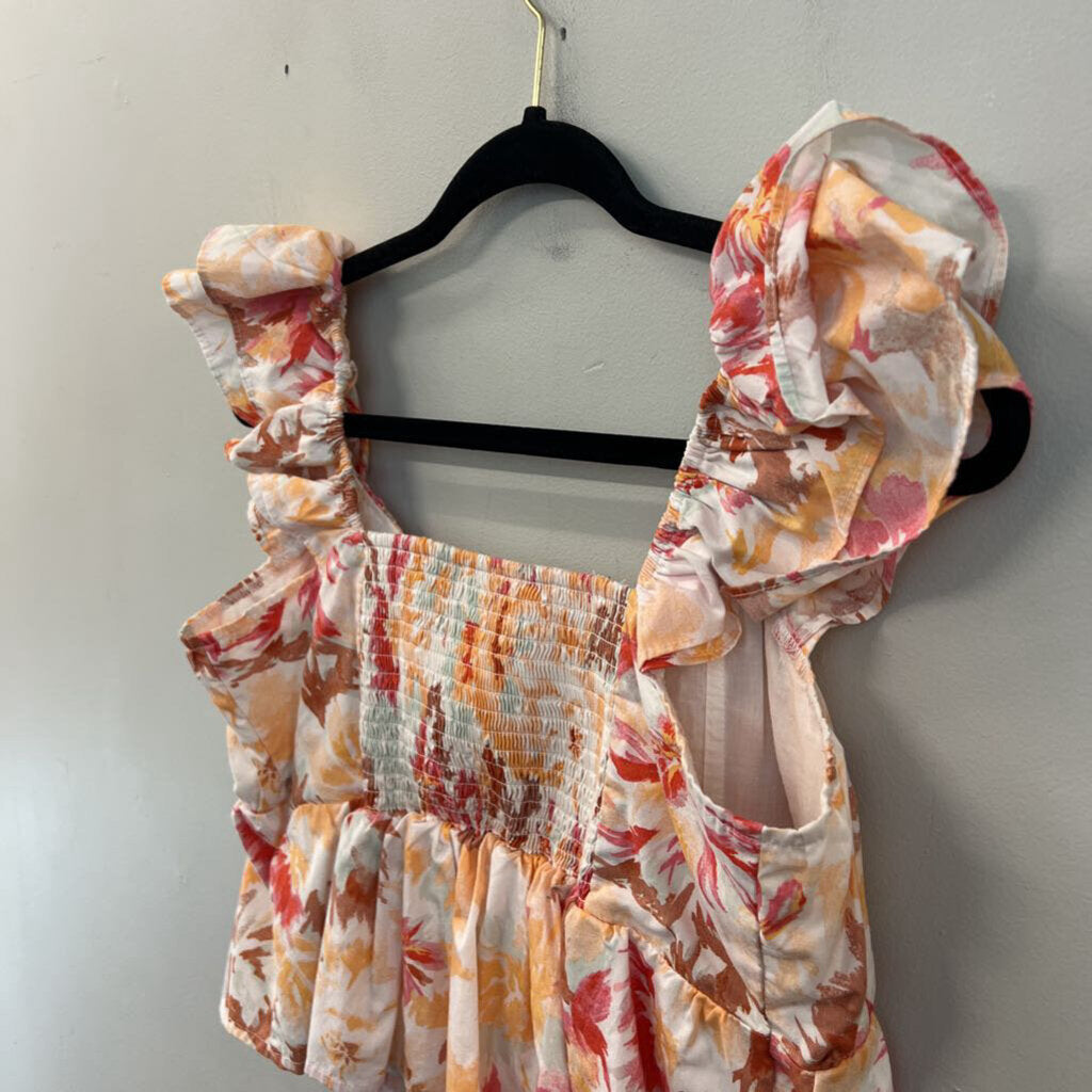 Abercrombie and Fitch White/ Orange Print Cropped Short Ruffle Sleeve Top Large