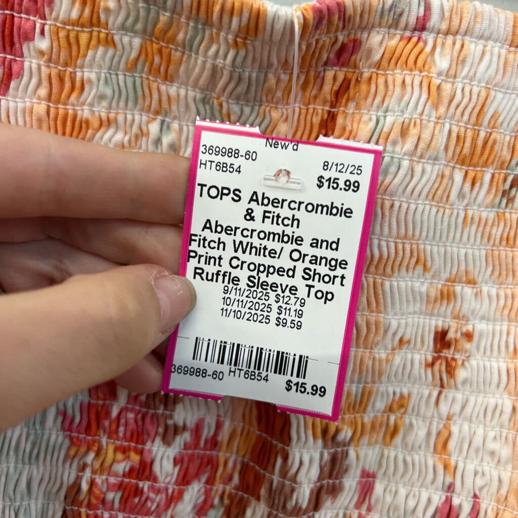 Abercrombie and Fitch White/ Orange Print Cropped Short Ruffle Sleeve Top Large