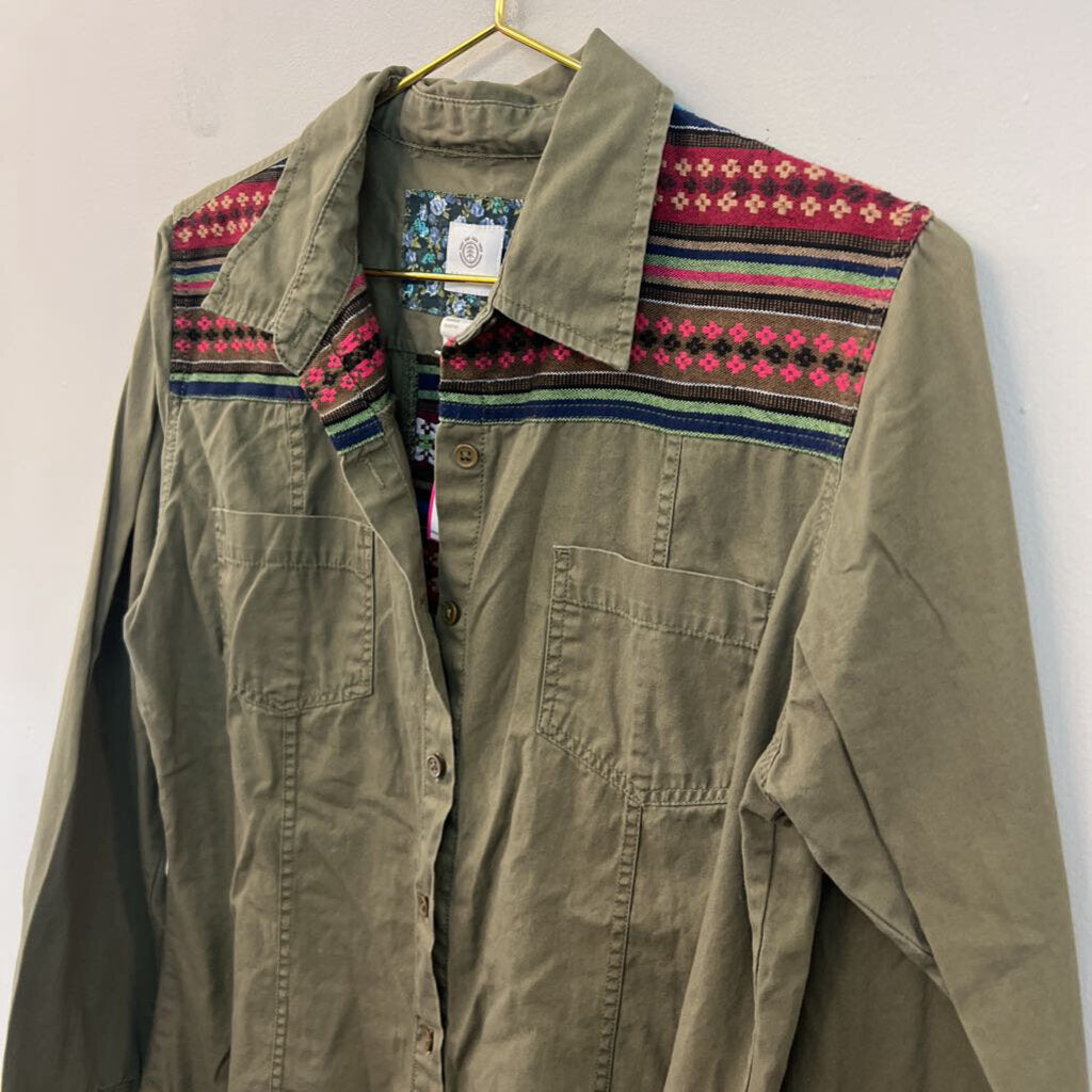 Element Green Embroidered Detail Long Sleeve Button Down Top Large