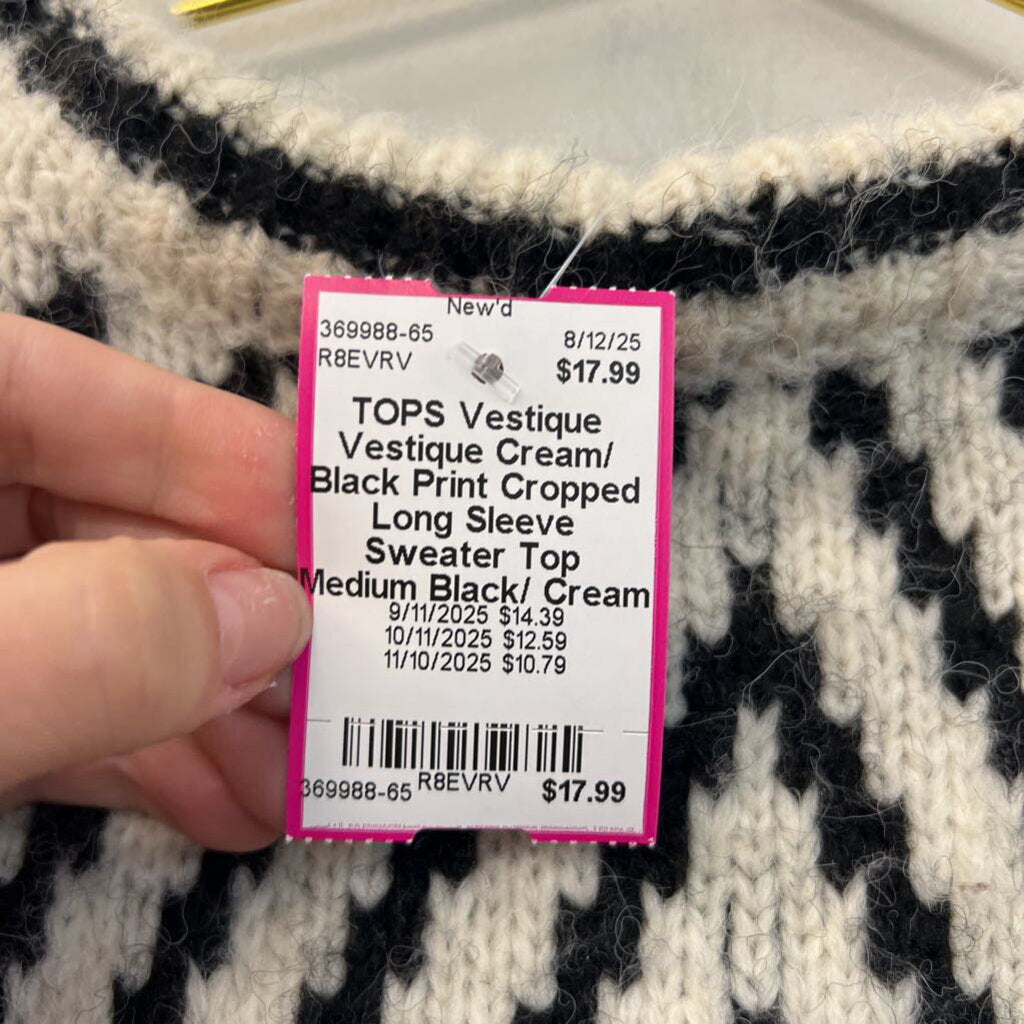 Vestique Cream/ Black Print Cropped Long Sleeve Sweater Top Medium