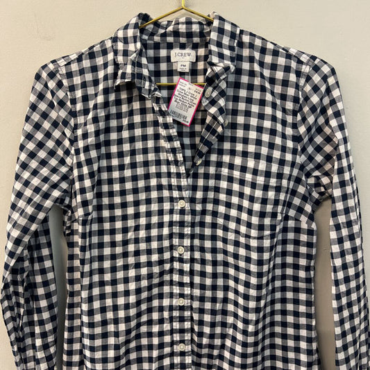 J Crew Blue/ White Gingham Long Sleeve Button Down Top Medium Petite