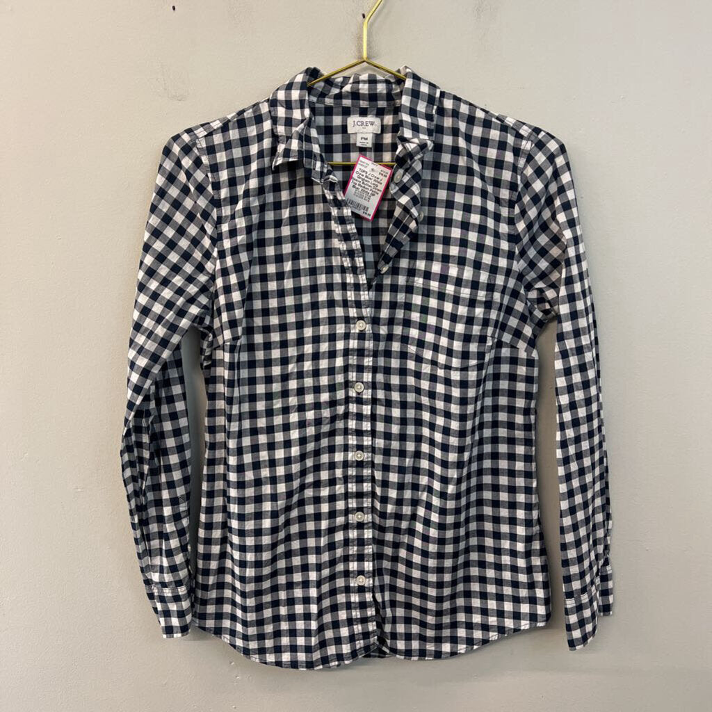 J Crew Blue/ White Gingham Long Sleeve Button Down Top Medium Petite