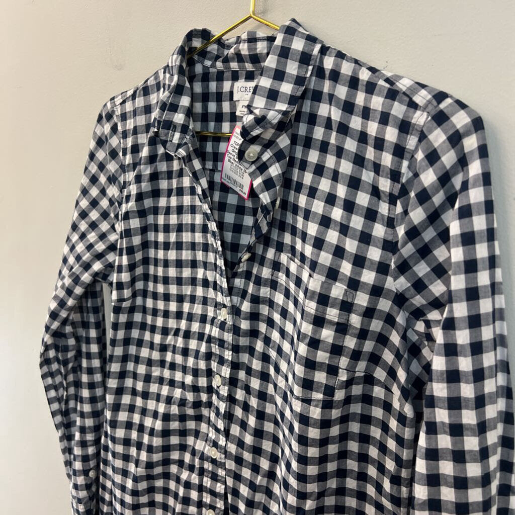 J Crew Blue/ White Gingham Long Sleeve Button Down Top Medium Petite