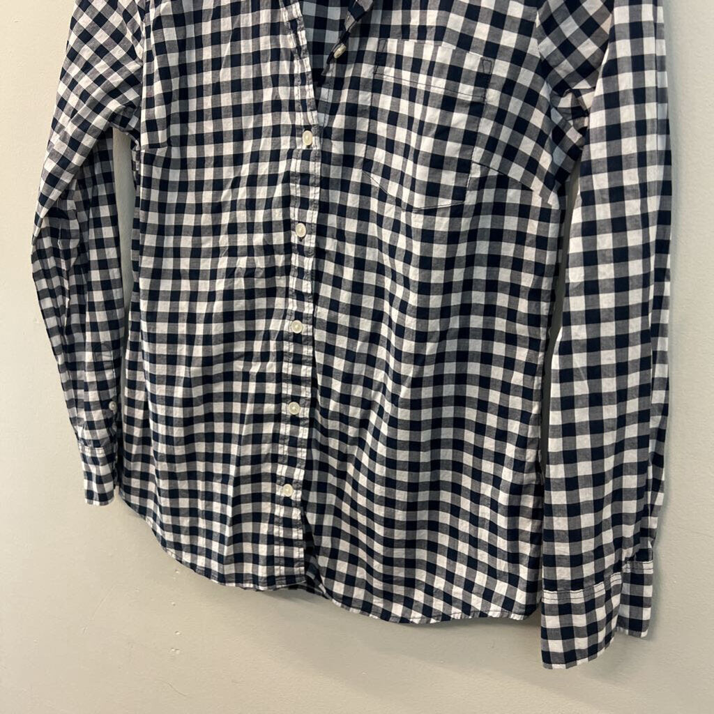 J Crew Blue/ White Gingham Long Sleeve Button Down Top Medium Petite