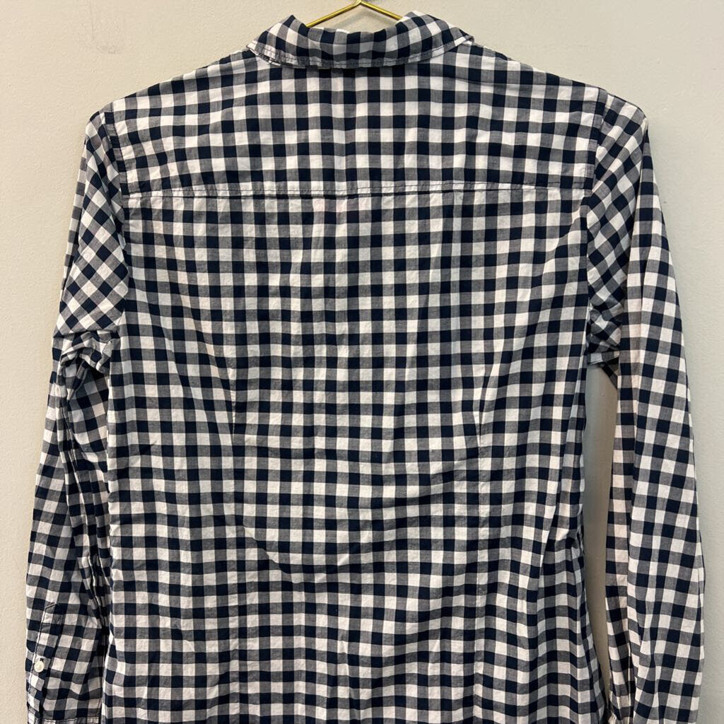 J Crew Blue/ White Gingham Long Sleeve Button Down Top Medium Petite