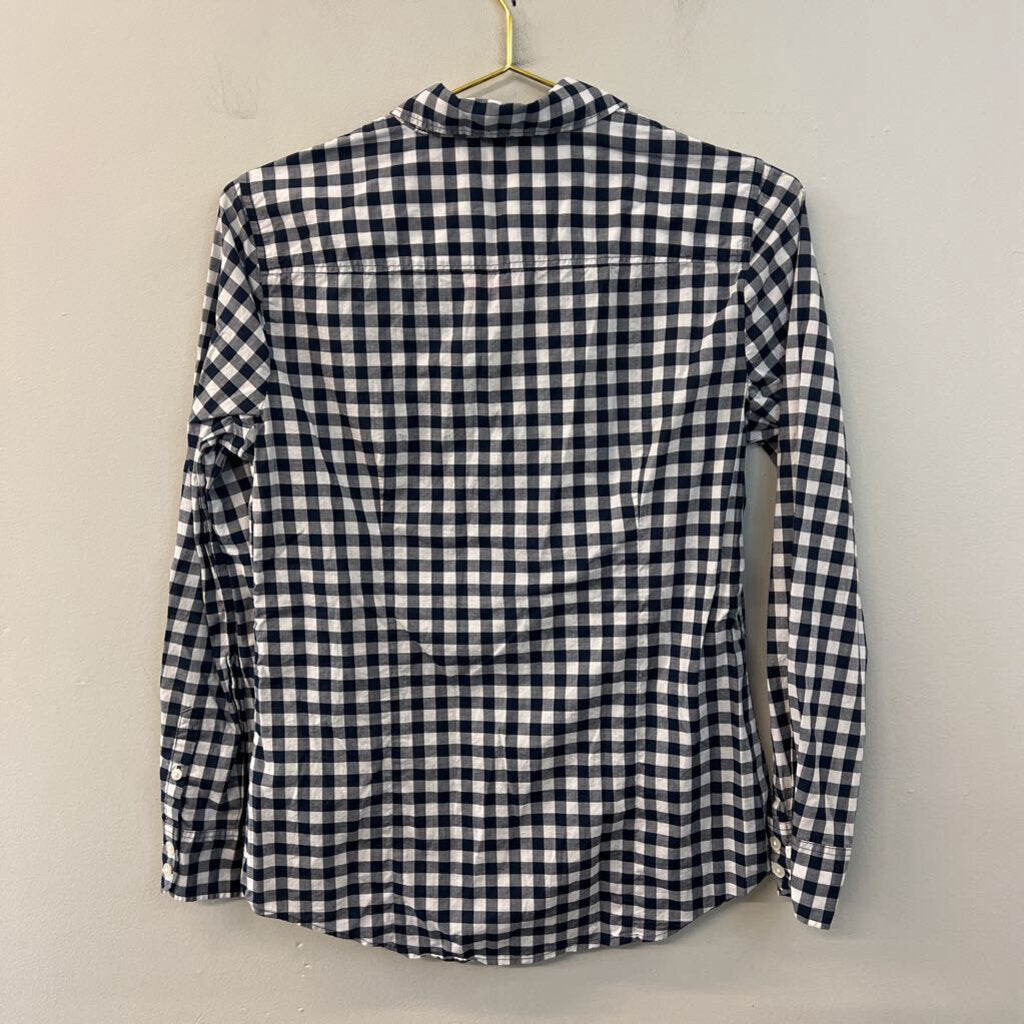 J Crew Blue/ White Gingham Long Sleeve Button Down Top Medium Petite