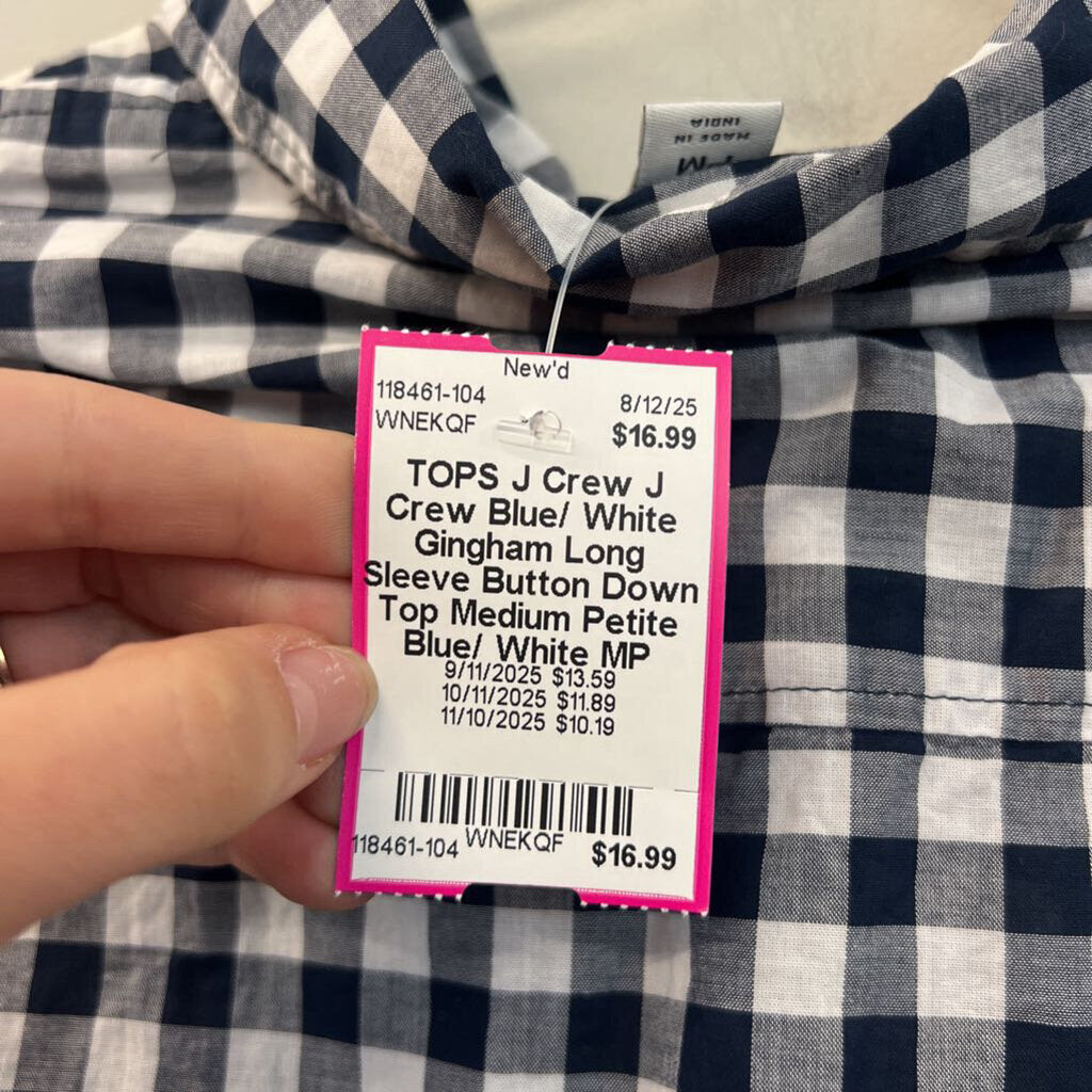 J Crew Blue/ White Gingham Long Sleeve Button Down Top Medium Petite