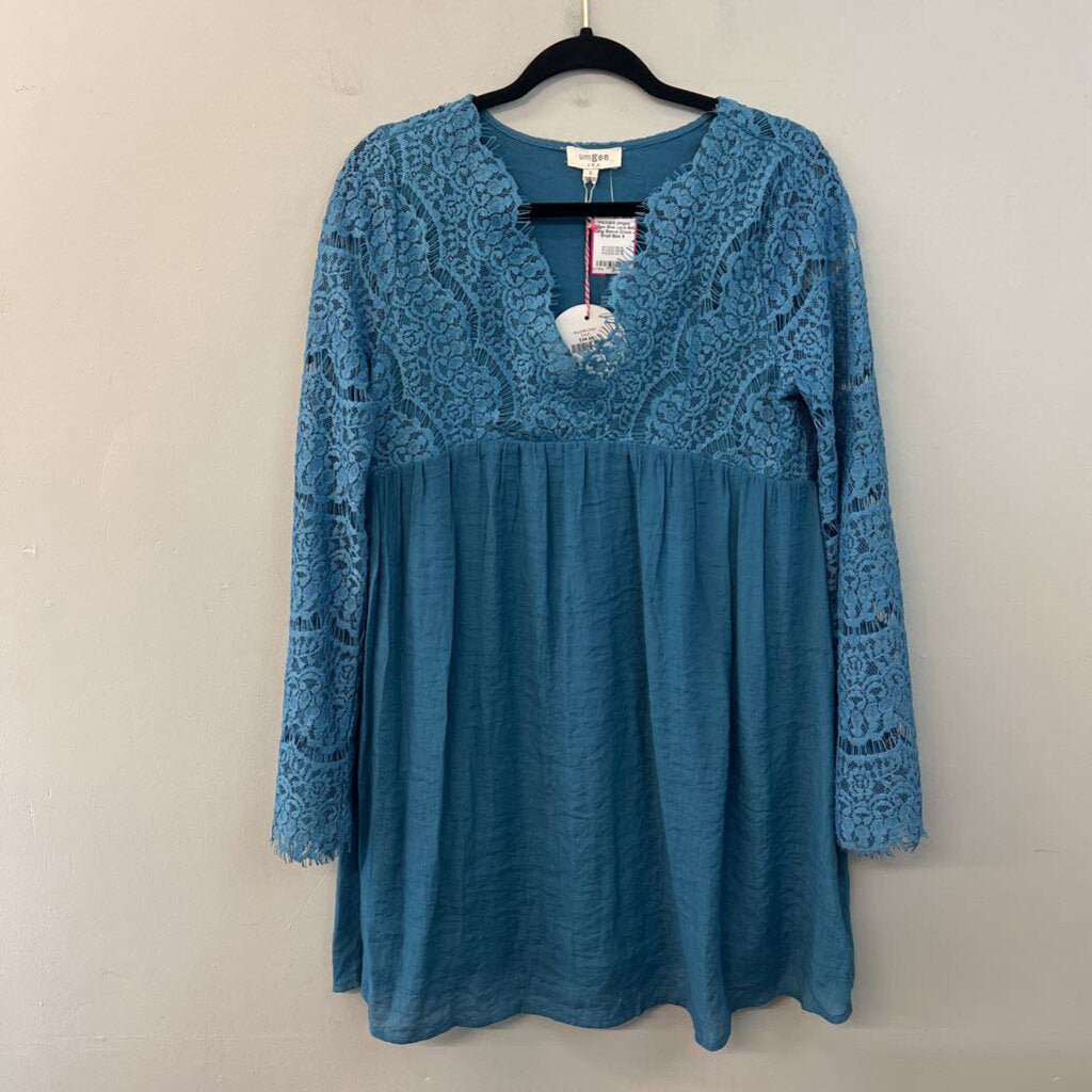 Umgee Blue Lace Bell Long Sleeve Dress Small