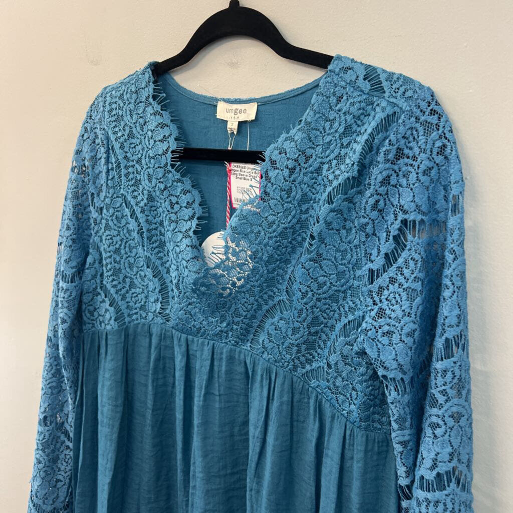Umgee Blue Lace Bell Long Sleeve Dress Small