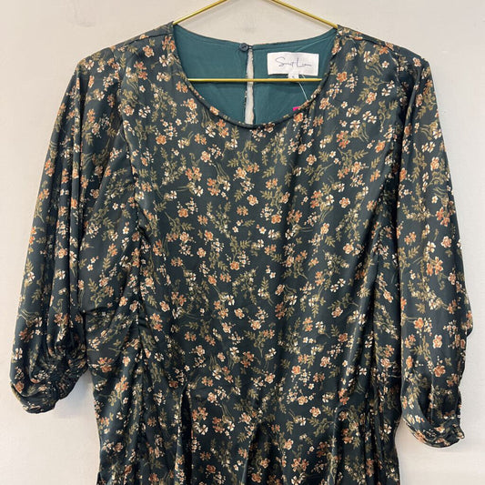 Sweet Lemon Green/ Brown Print Long Sleeve Silky Dress Small