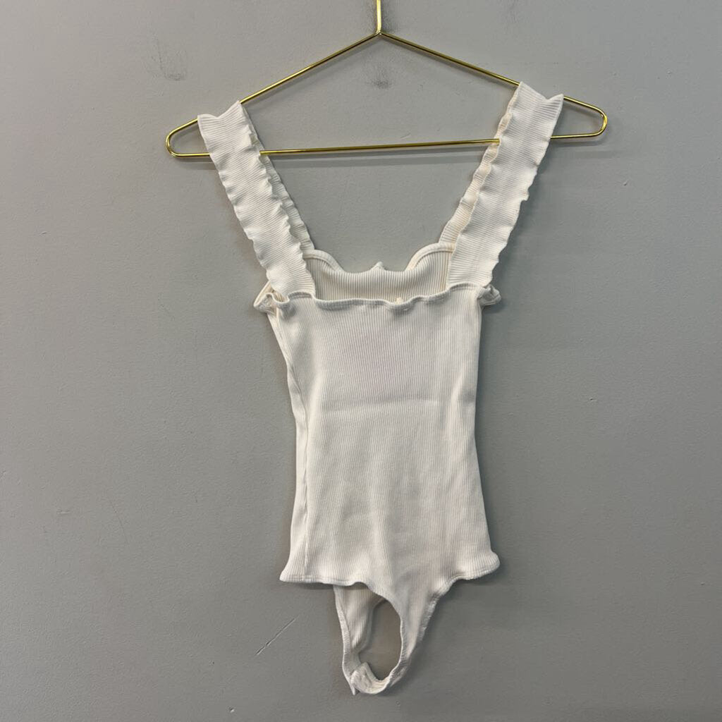 Jolie Cream Ruffle Strap Tank Bodysuit Medium
