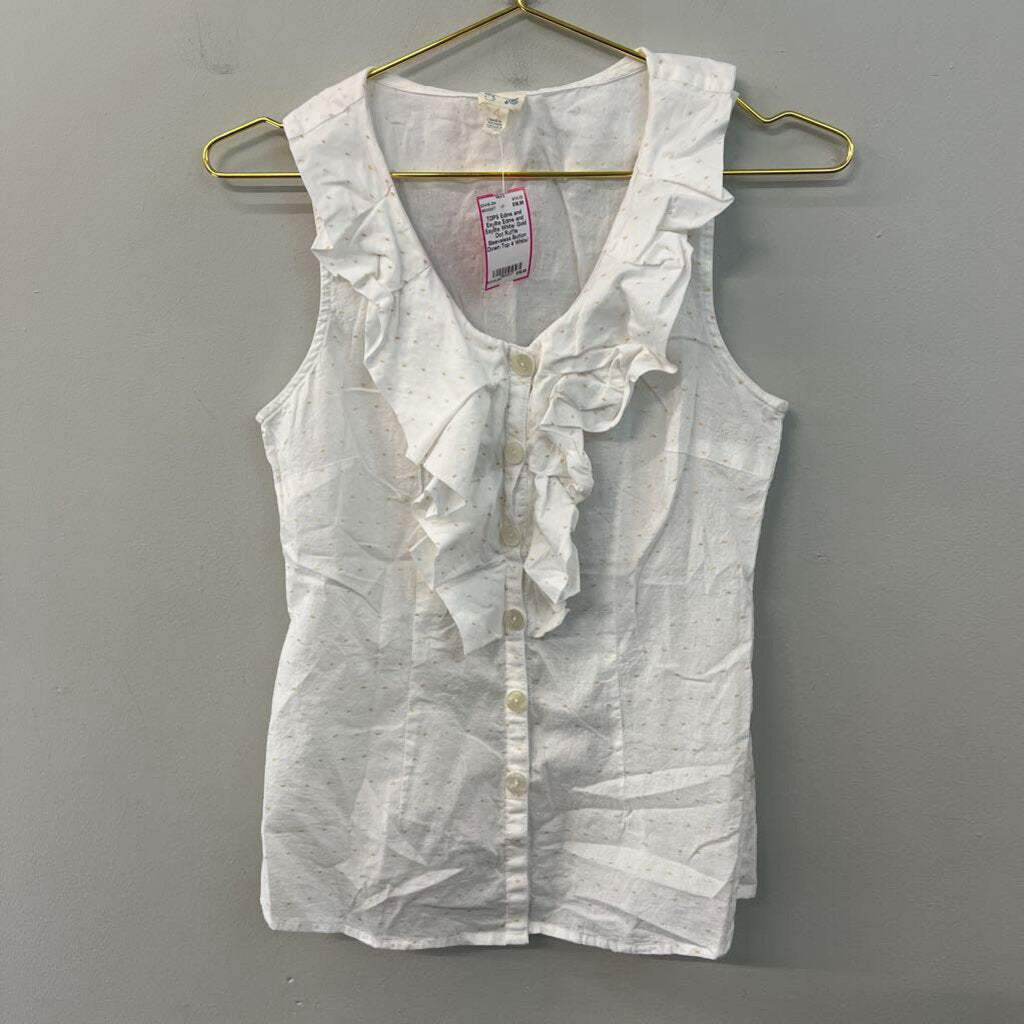 Edme and Esyllte White/ Gold Dot Ruffle Sleeveless Button Down Top 4
