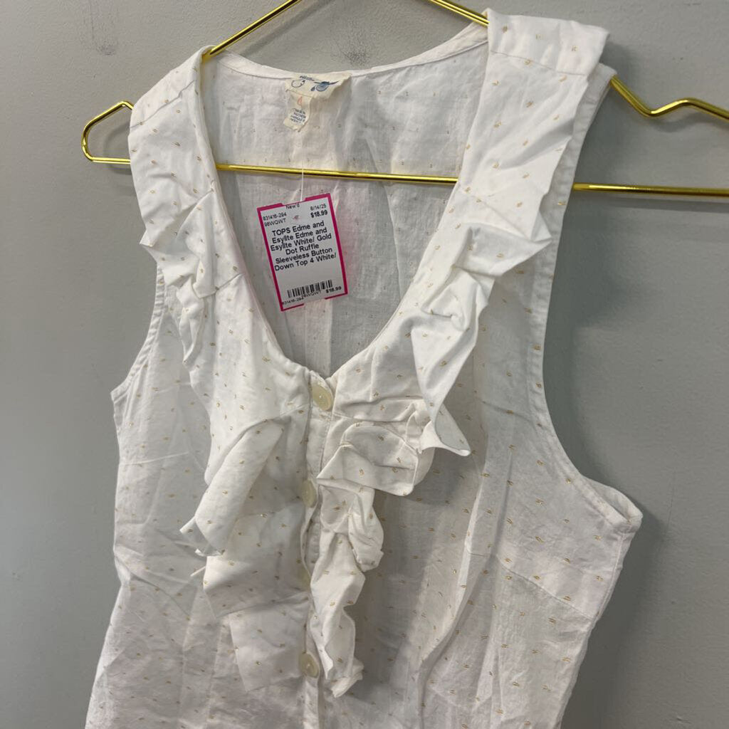 Edme and Esyllte White/ Gold Dot Ruffle Sleeveless Button Down Top 4