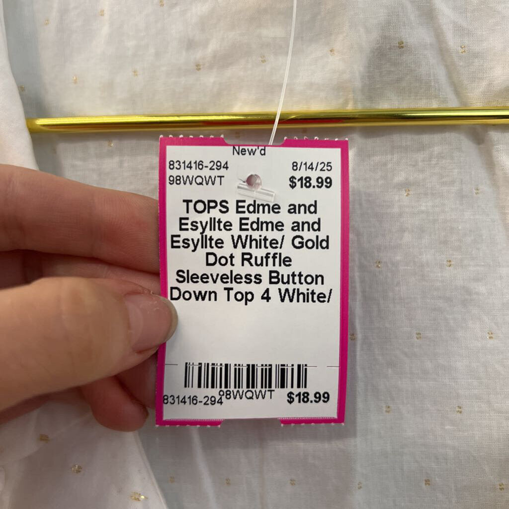 Edme and Esyllte White/ Gold Dot Ruffle Sleeveless Button Down Top 4