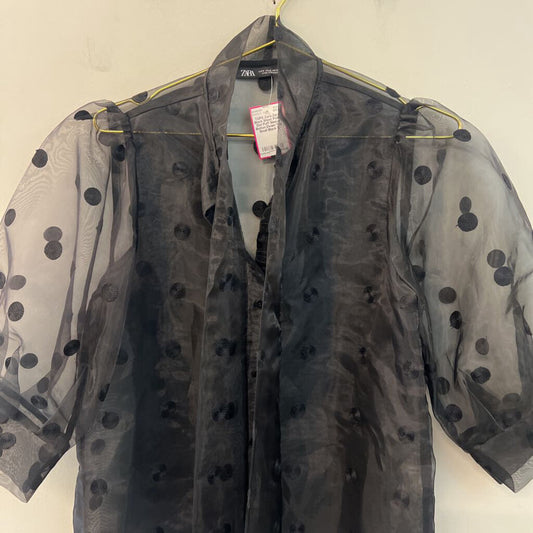 Zara Black Sheer Polka Dot Puff Sleeve Button Down Top Small