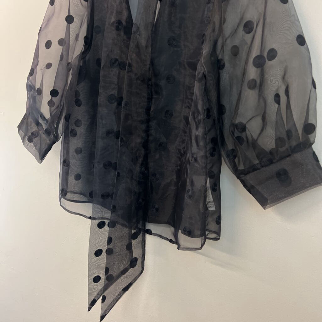 Zara Black Sheer Polka Dot Puff Sleeve Button Down Top Small
