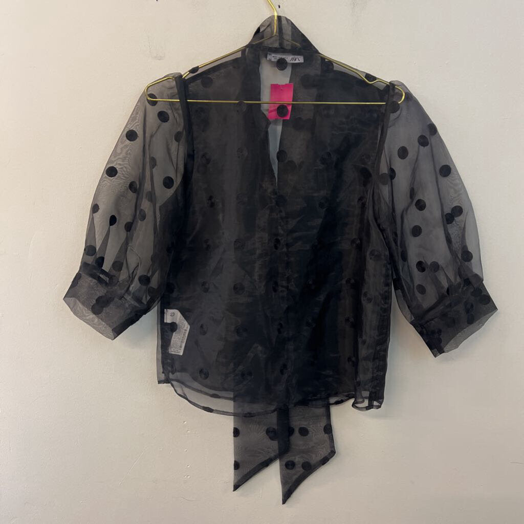 Zara Black Sheer Polka Dot Puff Sleeve Button Down Top Small