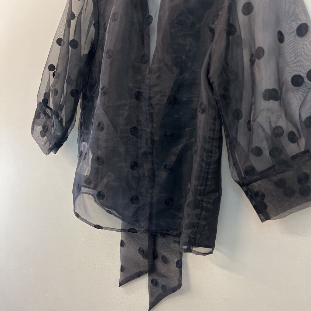 Zara Black Sheer Polka Dot Puff Sleeve Button Down Top Small
