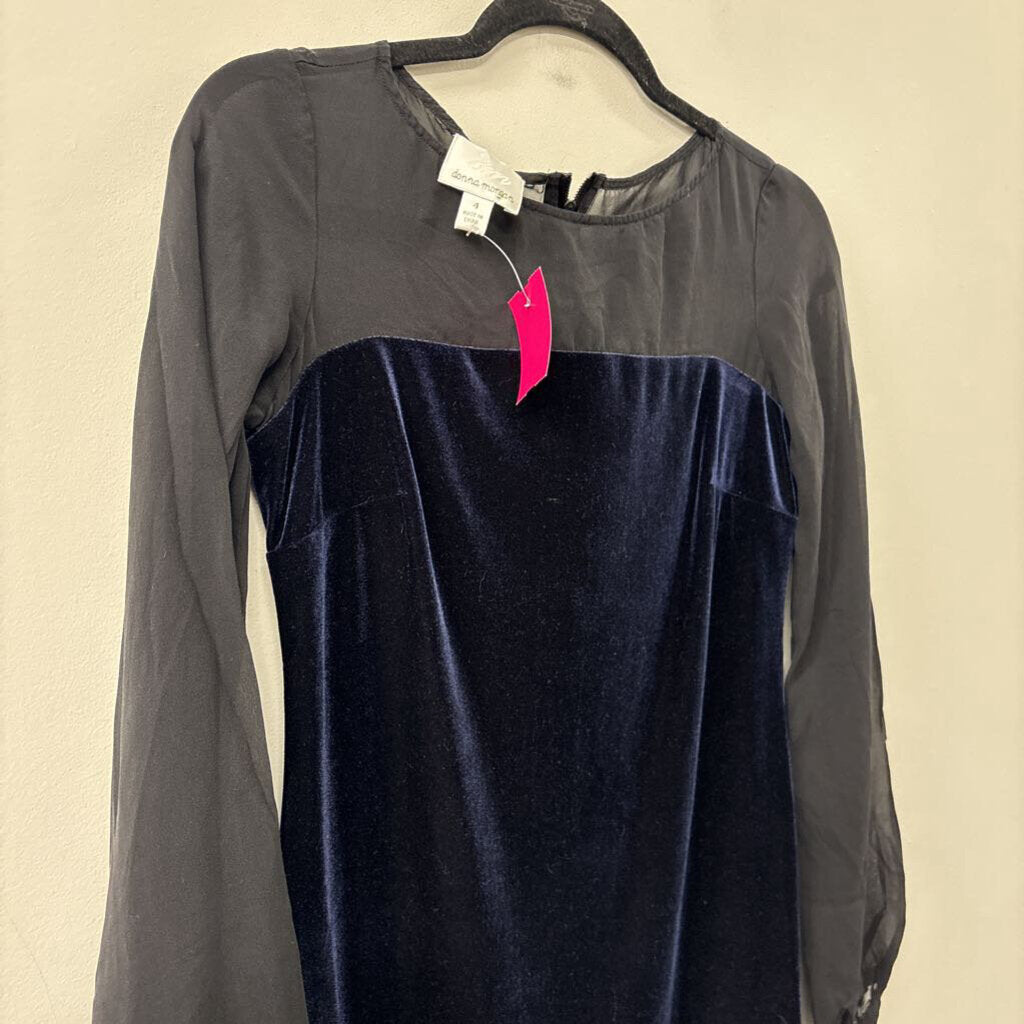 Donna Morgan Black Sheer Long Sleeve Blue Velvet Short Formal Dress 4