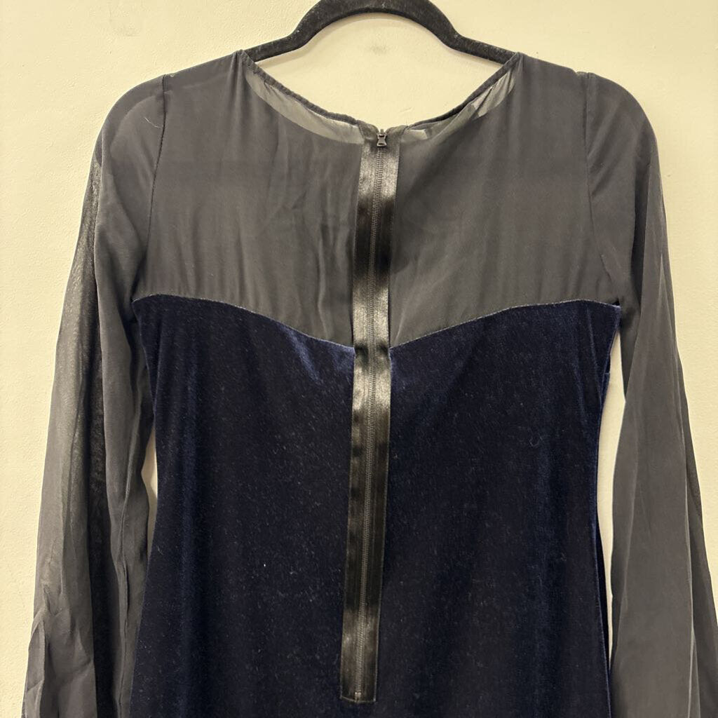 Donna Morgan Black Sheer Long Sleeve Blue Velvet Short Formal Dress 4