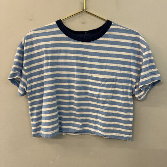 Free Assembly Blue/ White Cropped Striped Short Sleeve Top Medium