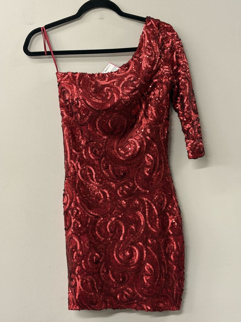 Rue de la Paix Red Sequin Long Sleeve One Shoulder Short Formal Dress 0