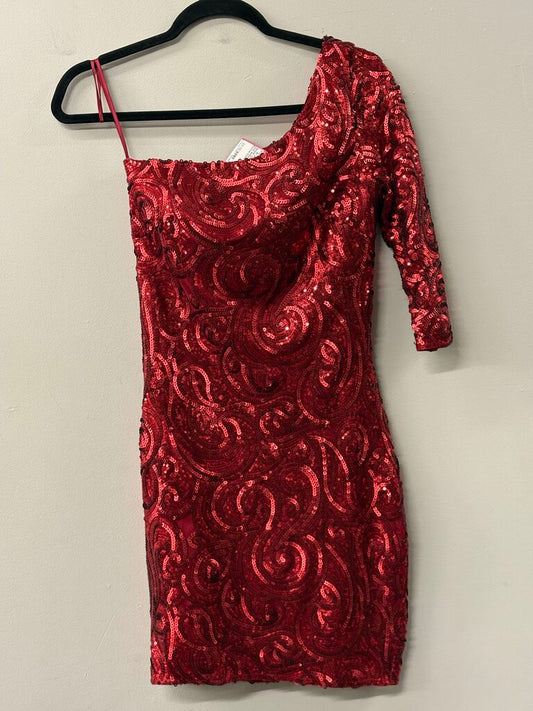 Rue de la Paix Red Sequin Long Sleeve One Shoulder Short Formal Dress 0