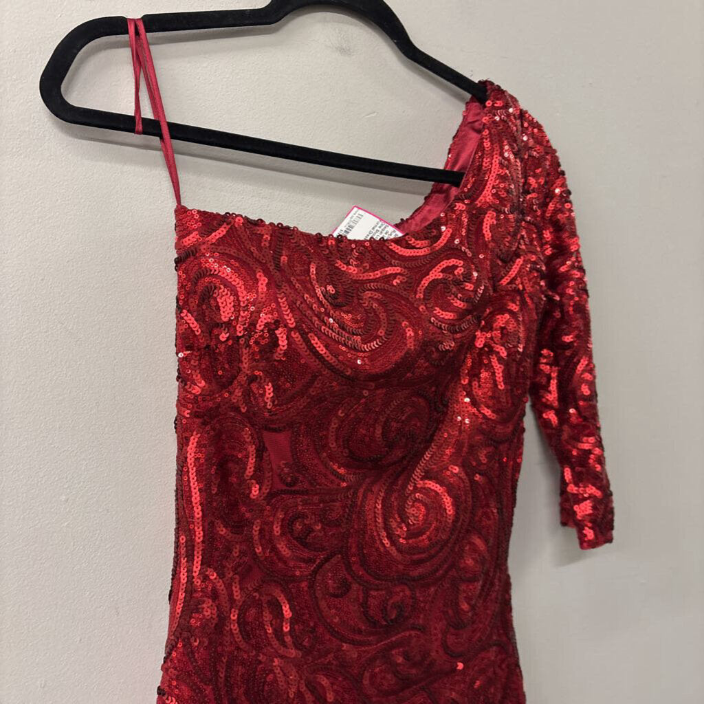 Rue de la Paix Red Sequin Long Sleeve One Shoulder Short Formal Dress 0