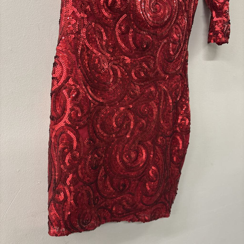 Rue de la Paix Red Sequin Long Sleeve One Shoulder Short Formal Dress 0