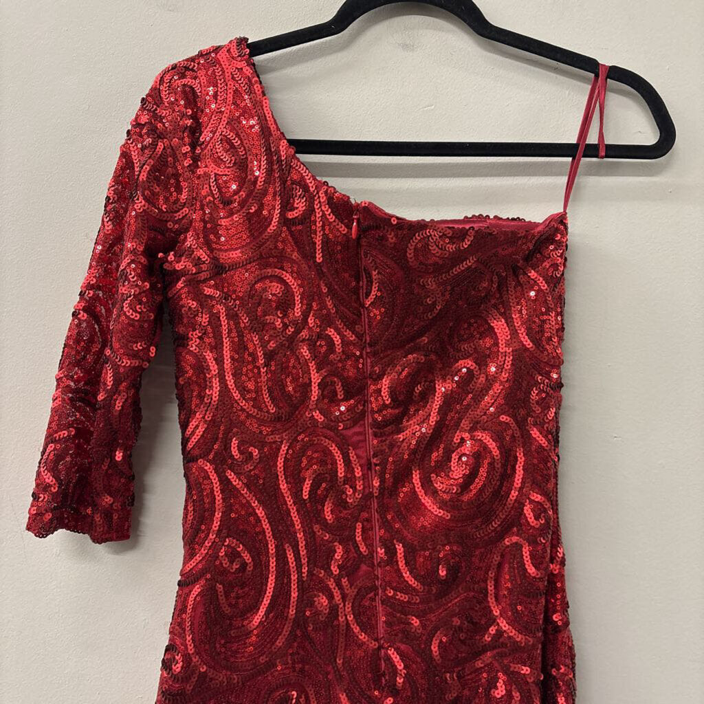 Rue de la Paix Red Sequin Long Sleeve One Shoulder Short Formal Dress 0