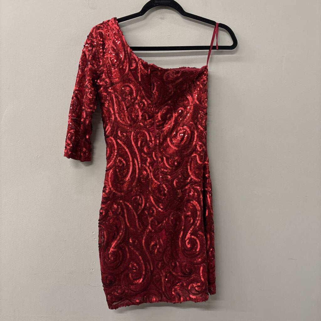 Rue de la Paix Red Sequin Long Sleeve One Shoulder Short Formal Dress 0