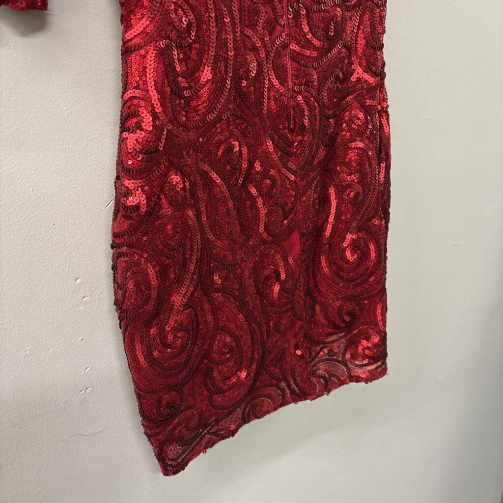 Rue de la Paix Red Sequin Long Sleeve One Shoulder Short Formal Dress 0