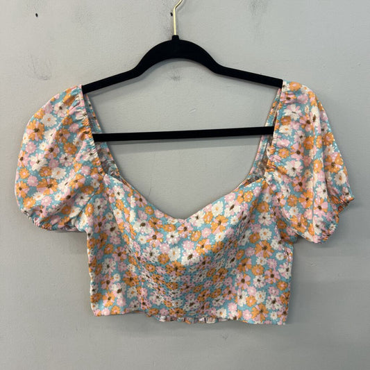 Altar'd State Blue/ Multi Flower Print Cropped Short Puff Sleeve Top Small