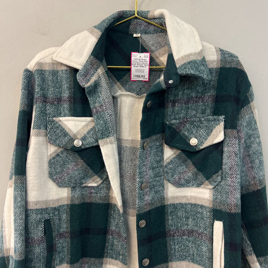 Green/ White Plaid Long Sleeve Button Down Shacket Small