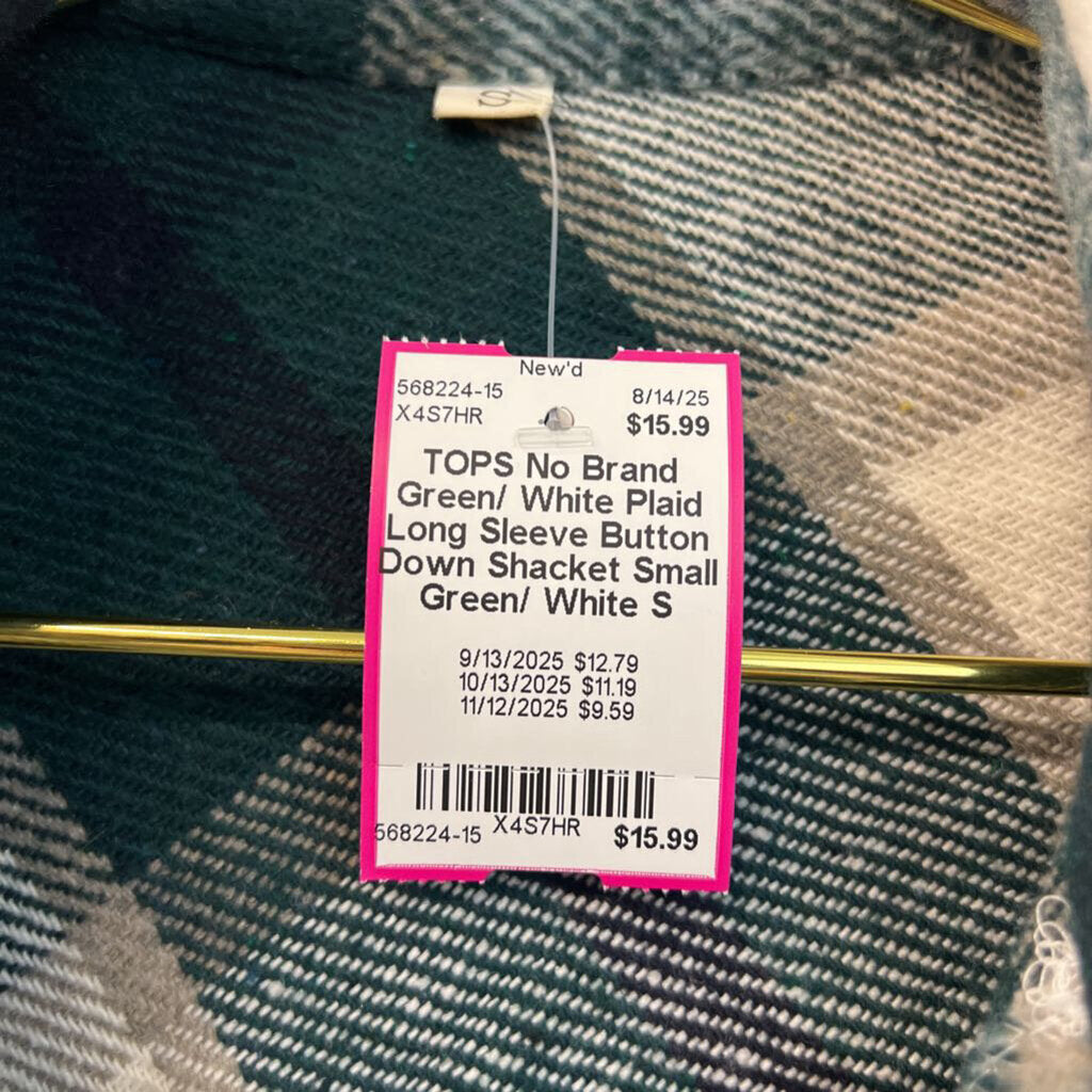 Green/ White Plaid Long Sleeve Button Down Shacket Small