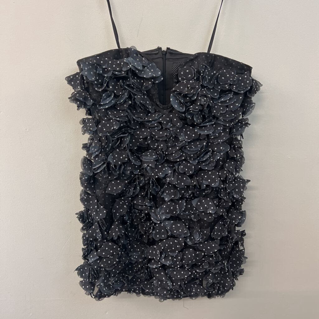 Maeve Black/ White Polka Dot 3D Flower Strapless Mini Dress 8