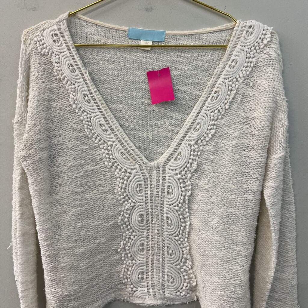 Cream Knit Long Sleeve Cropped Sweater Top Medium
