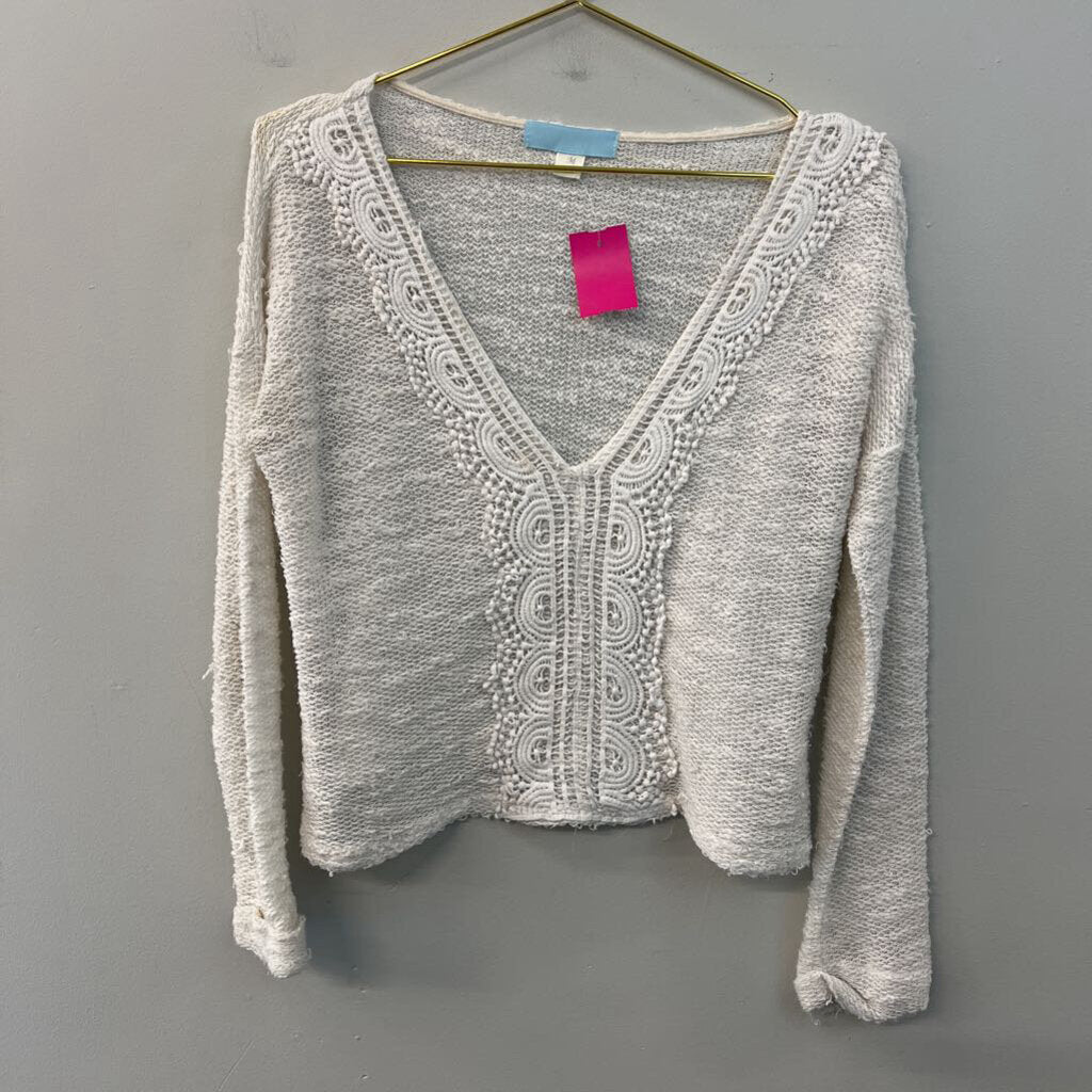 Cream Knit Long Sleeve Cropped Sweater Top Medium