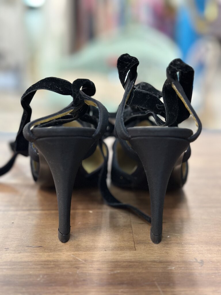 Yves Saint Laurent Black Crepe Point Toe Wrap Strap Heels 6.5