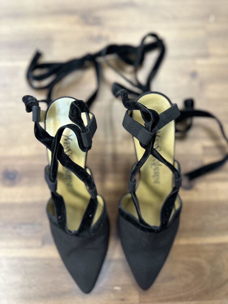 Yves Saint Laurent Black Crepe Point Toe Wrap Strap Heels 6.5