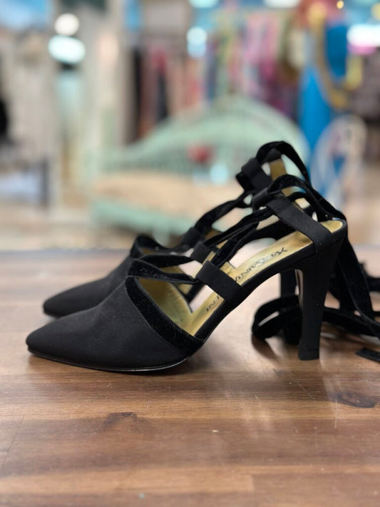 Yves Saint Laurent Black Crepe Point Toe Wrap Strap Heels 6.5