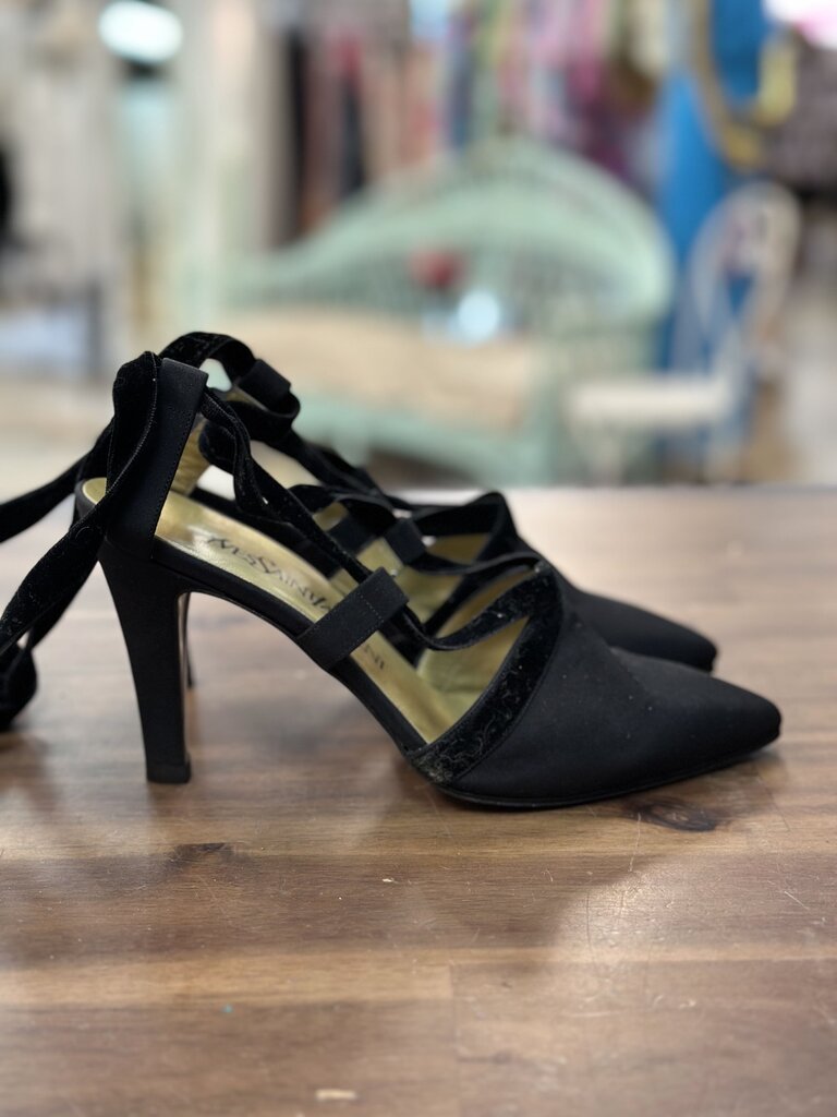 Yves Saint Laurent Black Crepe Point Toe Wrap Strap Heels 6.5