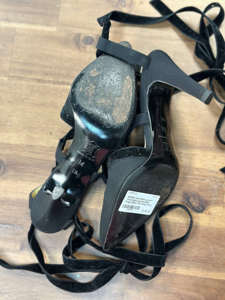 Yves Saint Laurent Black Crepe Point Toe Wrap Strap Heels 6.5
