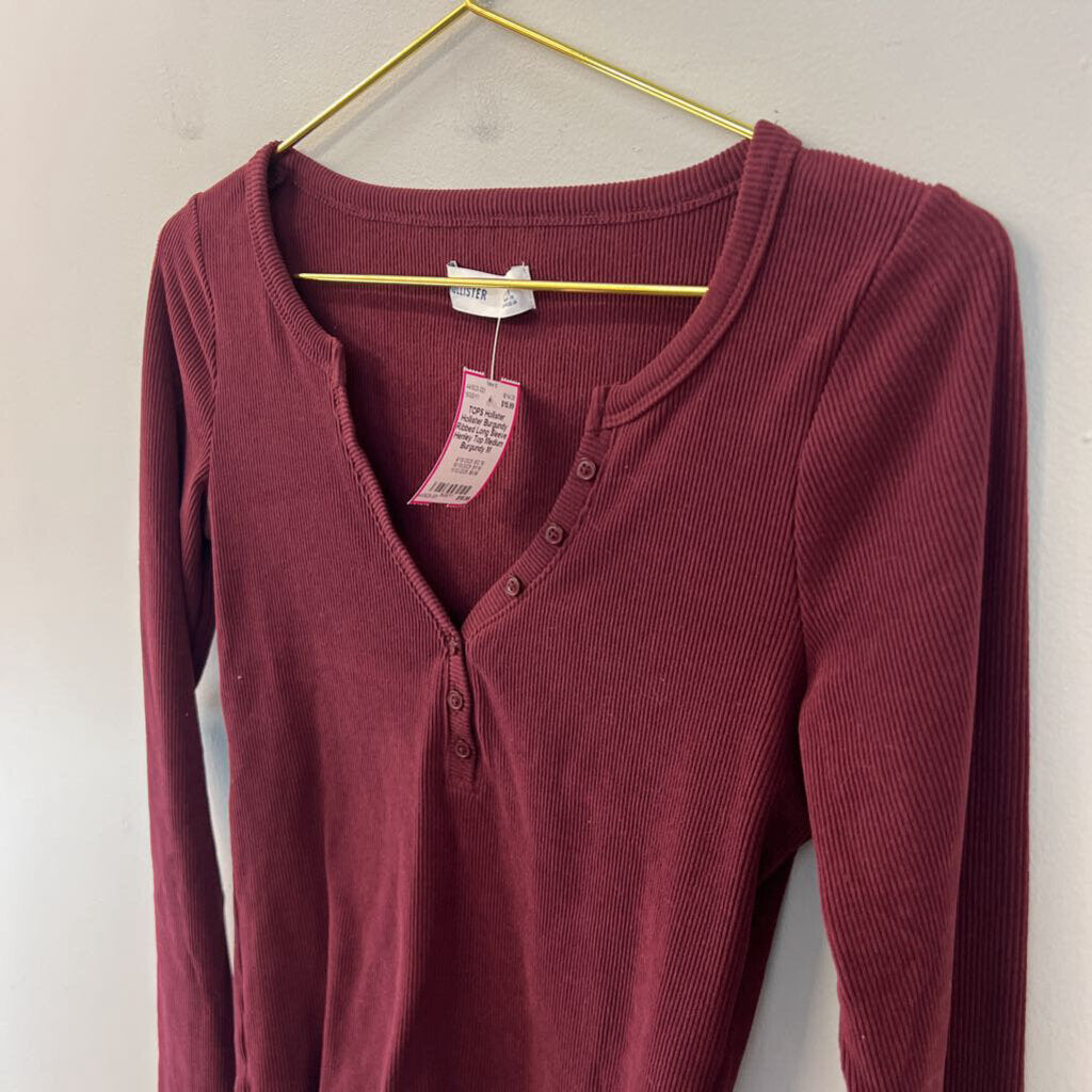 Hollister Burgundy Ribbed Long Sleeve Henley Top Medium